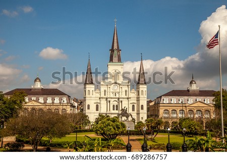 Looking across Jackson Square to St Louis Cathedral and Louisiana State Museum in New Orleans 