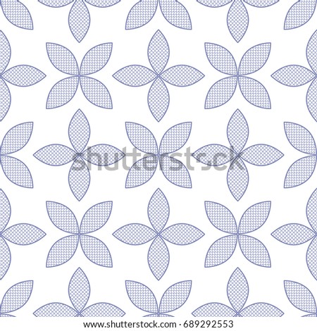 Seamless geometric flower pattern of petals with fish scale trellis inside. Decorative floral background. Vector illustration.