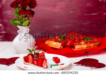 Strawberry pie on white plate and white wooden table. One piece.  Romantic. Love. Heart