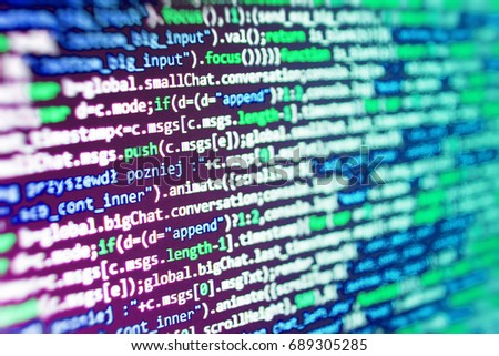 Technology background. Young business crew working with startup. Binary digits code editing. Big data database app. Coding script text on screen. Programming code on computer screen. 
