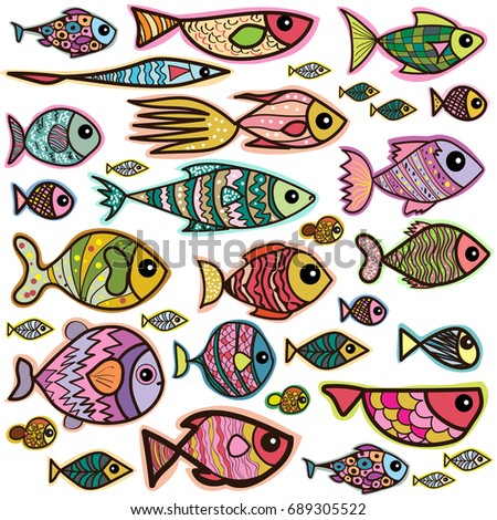 Set of hand drawn cartoon funny fishes. Nursery fish icons. Vector illustration isolated on white background.
