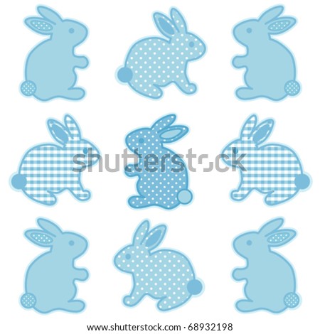 Bunny Rabbits, nine baby Easter Bunnies in pastel aqua gingham check and polka dots for baby books, scrapbooks, albums, holidays. EPS8 compatible.