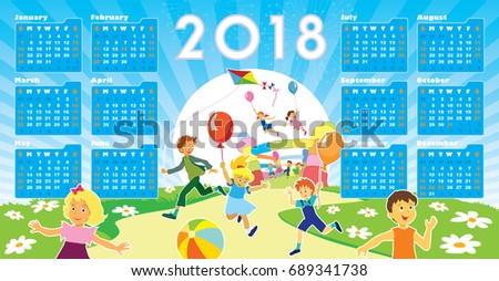 Children with smiling faces are playing in kindergarten, New Calendar 2018 in the background.
