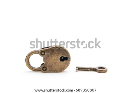 Vintage lock and key isolated on white background.