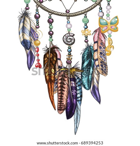 Hand drawn ornate Dream catcher with feathers, jewels and colorful gemstones. Astrology, spirituality, magic symbol. Ornamental bird feathers isolated on white