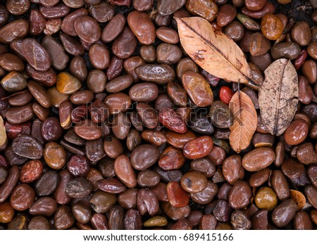 Background wallpaper of colorful red, brown, and orange pebbles with three dried leaves in the corner.