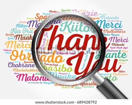 Thank You in all languages Word Cloud with magnifying glass, background concept 3D illustration