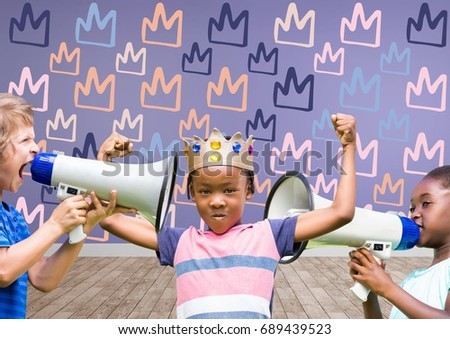 Digital composite of kids with crown with megaphones in blank room background with king crown graphics