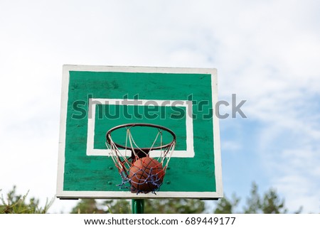 The Basketball hoop in the garden. Ball is being thrown in the hoop.