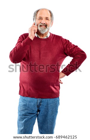 Portrait of senior man making a phone call with hand on hip against white background