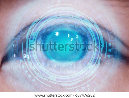 Abstract view of the Eye of a woman with digital circular cyber as security and future concept.