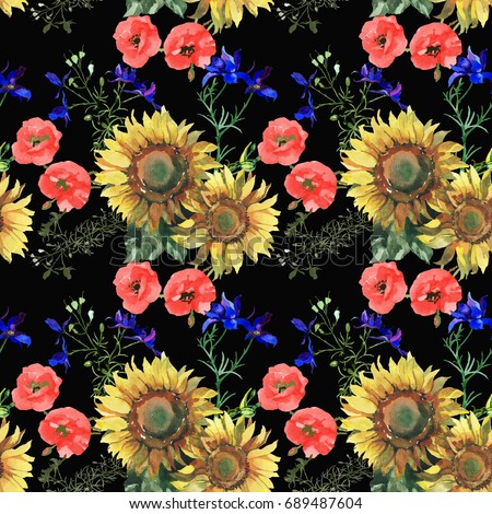 sunflowers and wild flowers watercolor hand painting on black background seamless pattern for fabrics, paper, wallpaper