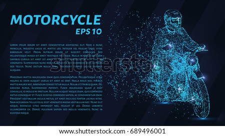 Motorcycle which consists of points. Particles in the form of a rider on a dark background. Vector illustration. Graphic concept racing.