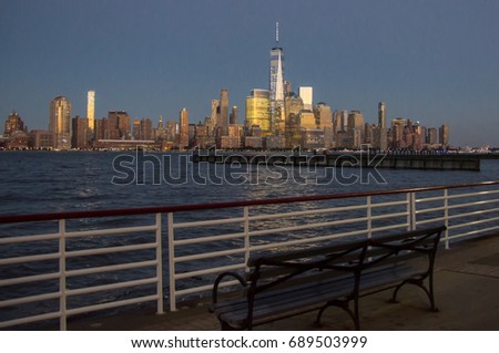 New York City at dusk from across the Jersey river