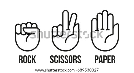 Rock, scissors, paper hand gesture. Vector line icons