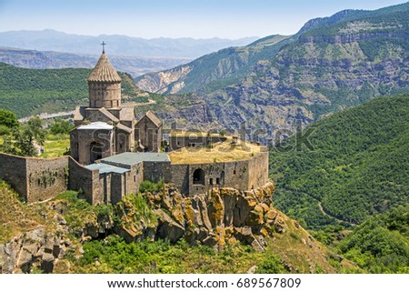 Medieval Tatev monastery, Armenia, about IX century, big building is church of st. Poghos and Petros. Monastery is above the Vorotan river canyon