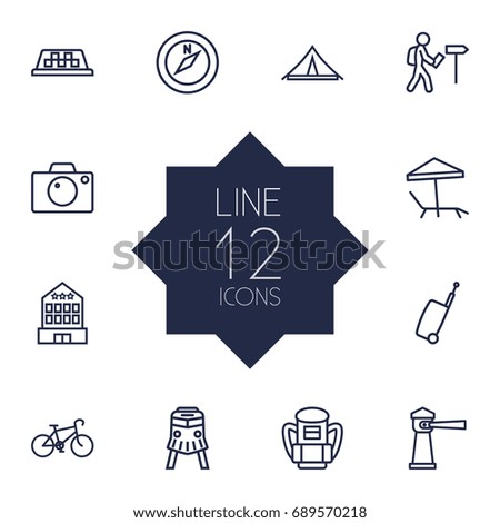 Set Of 12 Relax Outline Icons Set.Collection Of Front View Tram, Lighthouse, Taxi And Other Elements.