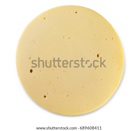 A round slice of cheese isolated on white background. Top view, close up. Royalty-Free Stock Photo #689608411