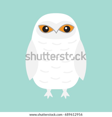 White Snowy owl. Sitting bird with wings. Snow barn. Yellow eyes. Arctic Polar animal collection. Baby education. Flat design. Isolated. Blue sky winter background. Vector illustration