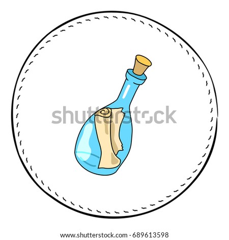 Message in bottle isolated on white background. Mail in bottle cartoon vector illustration. Seashore finding handdrawn patch. Beach bottle mail clipart. Message in bottle icon. Paper scroll in glass