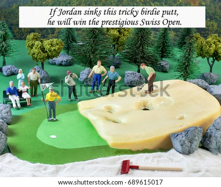 Golf humor.  Golfer putting on a piece of Swiss cheese, trying to win the golf tournament.