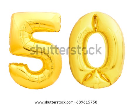 Golden number 50 fifty made of inflatable balloon isolated on white background