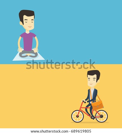 Two lifestyle banners with space for text. Vector flat design. Horizontal layout. Businessman riding a bicycle. Businessman riding bike. Businessman with briefcase on a bike. Healthy lifestyle concept