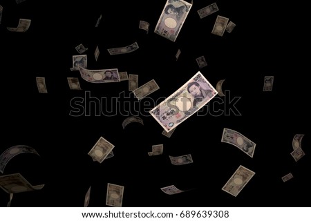 3D rendering large amount of Yen currency bank note falling from the sky with 5000 yen in the light represent as bad economy situation