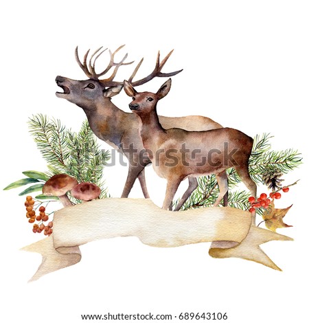 Watercolor autumn forest label. Hand painted ribbon with red deers, mushrooms, rowan, berries and pine branch isolated on white background. Botanical illustration for design