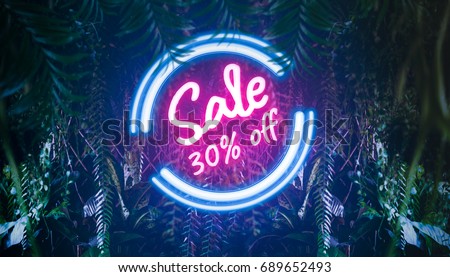 Neon summer light sale 30% off discount promotion in tropical jungle with neon light tropic and leaves, exotic palm leaf. For your unique selling poster, flyer, banner, ads in several occasion.