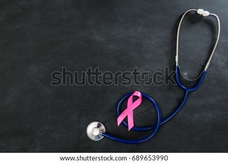 high angle view photo of medical equipment stethoscope diagnostic breast cancer illness and care healthy concept isolated on chalk blackboard background.