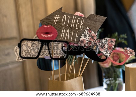 Retro Party set Glasses, hats, lips, mustaches, masks design photo booth party wedding funny pictures Royalty-Free Stock Photo #689664988