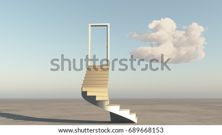 open door with stairs,clouds on the wide plains.