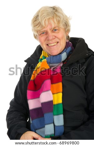 Elderly woman with black coat and colorful shawl