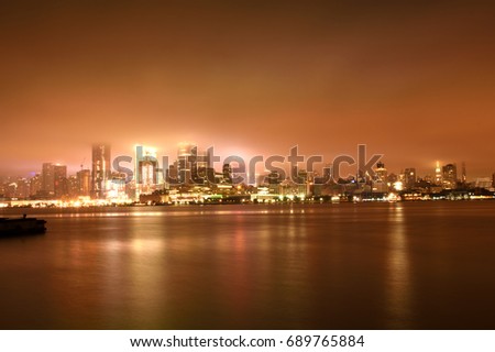 Beautiful New York City skyline at night and representation of Hudson River like it is frozen , view from hoboken area at New Jersey