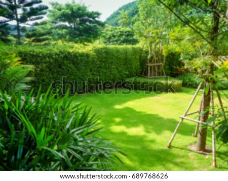Blurred Green lawn with trees planted trust for a fence, landscape design, garden  background is green mountains.