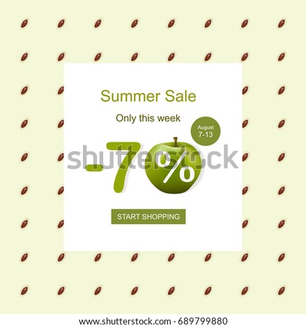 Vector illustration of apple sale discount 70% off. Summer sale with green apple and seeds elements on a green background. Ready sale elements for your poster, flyer, banner, website, infographics.