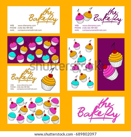Set of vector Business cards Design Template with tasty cupcakes. Visiting card