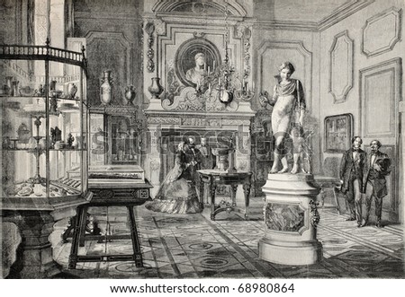 Antique illustration of Louis Fould's art collection in rue de Berry, Paris. Original, from drawing of Fichot and Durand, was published on L'Illustration, Journal Universel, Paris, 1860
