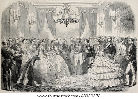 French emperor and empress meeting Russian empress dowager in Lyon, France. From drawing of Janet-Lange, after sketch of Moullin, published on L'Illustration, Journal Universel, Paris, 1860