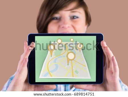 Digital composite of Girl Holding tablet and Map of City with  marker location pointers