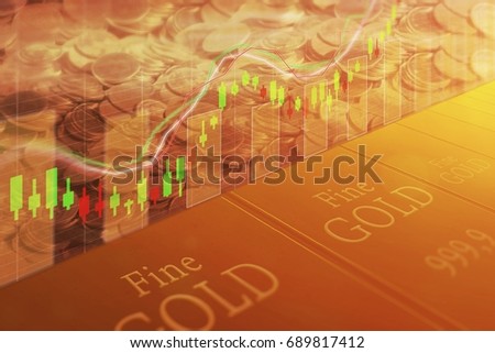 Double exposure of city, graph, stock display and money for finance and gold . business concept Royalty-Free Stock Photo #689817412