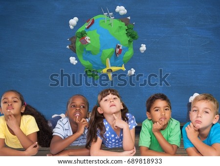 Digital composite of Kids thinking together and blue wall with planet earth world