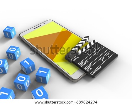3d illustration of white phone over white background with binary cubes and cinema clap
