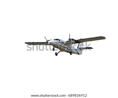 Flying small passenger propeller plane  isolated on white background         Royalty-Free Stock Photo #689836912