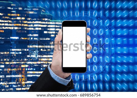 Business woman showing mobile phone with blank white screen on Technology background for smart city with internet of things technology and big data concept.