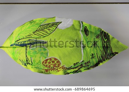 mushrooms and many ants on tree painting on green leaf  and grey background