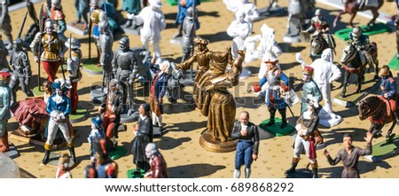 group of classic hand painted French Revolution and old knight lead figurines for History or childhood memories at garage sale, Europe, outdoors Royalty-Free Stock Photo #689868292