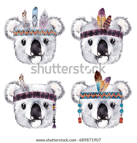 Watercolor koala portrait with boho feathers .Bohemian cute animal. Hand drawn illustration isolated on white background. Perfect for nursery prints, stickers, greeting cards and other DIY