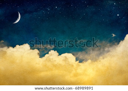 A fantasy cloudscape with stars and a crescent moon overlaid with a vintage, textured watercolor paper background. Royalty-Free Stock Photo #68989891